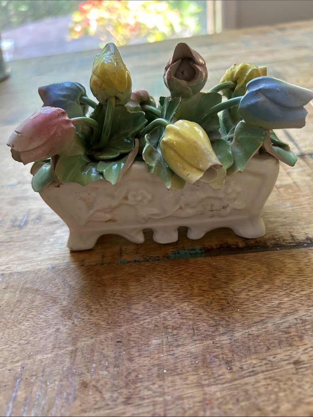 Hand-Painted Ceramic Tulip Planter in White with Pastel Flowers